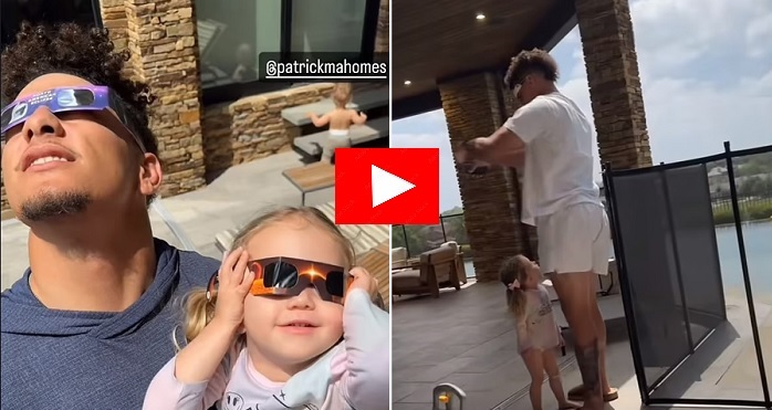 Watch Heroic moment Patrick Mahomes FELL down as he races into Super Dad Mode to cover daughter Sterling's eyes as she tries to look straight at the solar eclipse- "She finds the eclipse beautiful but "I have to Protect her from hurting herself"[VIDEO]