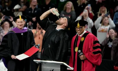 Controversy: Kansas City Chiefs TE Travis kelce Blasted and Slammed for chugging a beer at a fake commencement ceremony...Tagging him 'attention seeker' and 'immature'