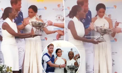 Protecting her territory: Meghan Markle was filmed seemingly refusing to let a woman stand next to Prince Harry for a picture to celebrate his polo team’s recent win.