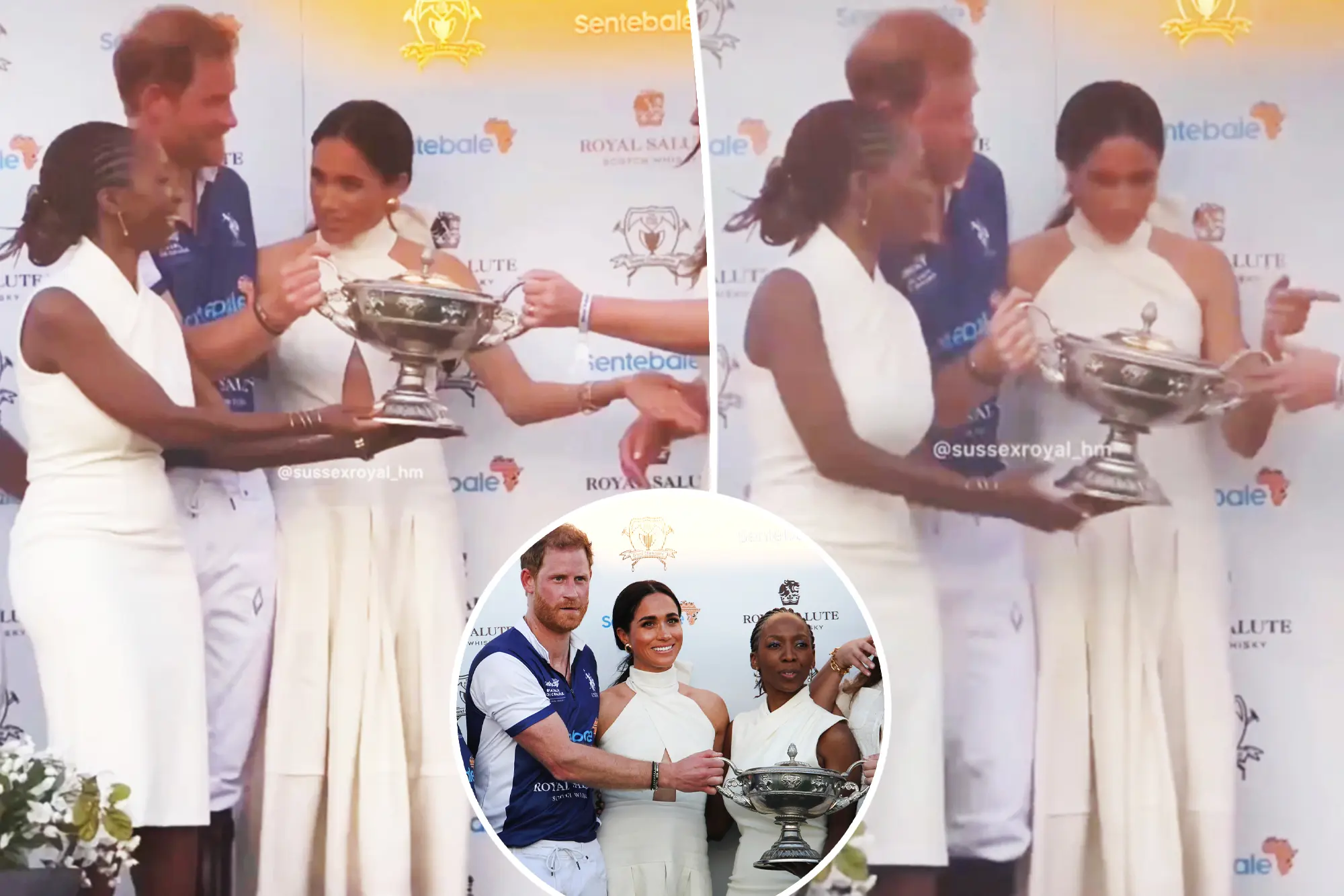 Protecting her territory: Meghan Markle was filmed seemingly refusing to let a woman stand next to Prince Harry for a picture to celebrate his polo team’s recent win.