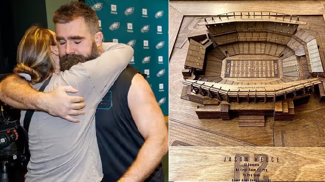 Kylie Kelce gifts husband Jason with stunning wood replica of Lincoln Financial Field nearly two months after Eagles legend retired... and reveals she thought jason could have retired about two years ago but he loves eagles