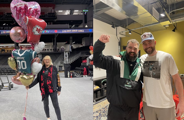 Donna Kelce flies into Cincinnati for Travis and Jason's live New Heights show... as fans get an early behind-the-scenes look at what they can expect tonight[ Trav and Jason Can't contain their joy to have their mom support them]