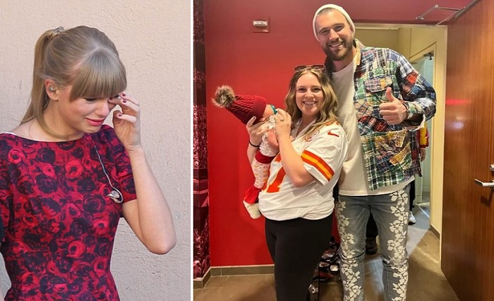 Travis kelce cheated on Taylor Swift, an unknown lady has his male child despite severe warning from Kardashian, Maya Benberry and Kayla Nicole leaving Taylor in tears...a leaked photo of Travis, his son and this lady circulates social media