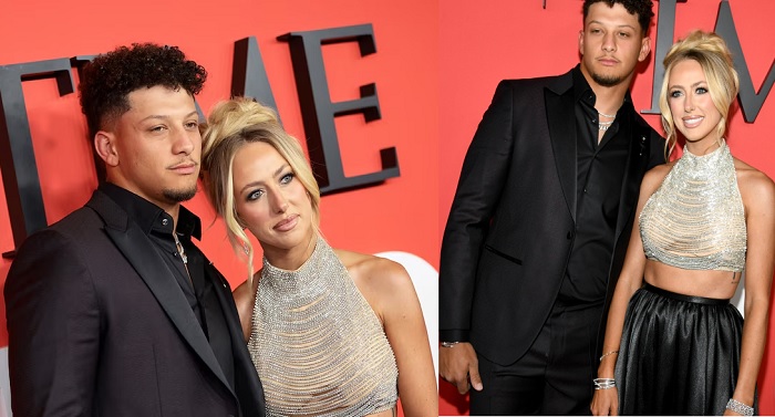 Time 100 Gala 2024: Patrick Mahomes Black On Black Steps out in Style to support wife Brittany mahomes who wore two-piece ensemble that revealed her midriff and consisted of a beaded champagne-colored sleeveless top and a black floor-length skirt