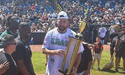 Kansas City Chiefs tight end Travis Kelce won the home run derby during Cleveland Browns tight end David Njoku's Celebrity Softball Game charity event on Saturday.