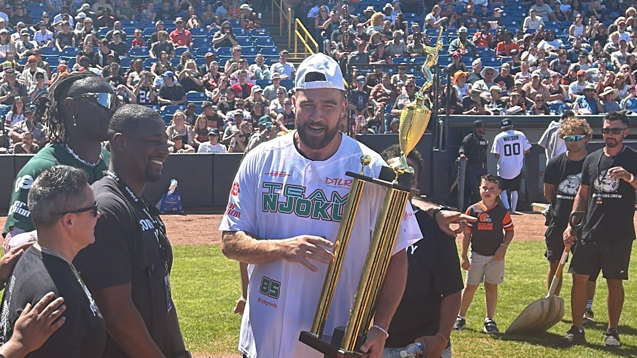 Kansas City Chiefs tight end Travis Kelce won the home run derby during Cleveland Browns tight end David Njoku's Celebrity Softball Game charity event on Saturday.