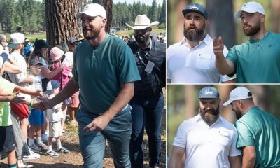 Travis Kelce and brother Jason mobbed by adoring fans as NFL brothers tee it up at ACC celebrity golf tournament on Lake Tahoe