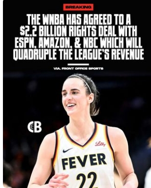 BREAKING: The WNBA has agreed to $2.2 billion in new media rights deals with ESPN, Amazon, & NBC over the next 11 years. The deal will quadruple the league’s revenue. Amazing news for the WNBA to keep moving forward!