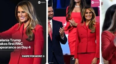 Melania Trump joined husband Donald Trump on stage as he finished his remarks on the final night of the RNC. It marked Melania's first appearance at the RNC this week and her time this election cycle publicly joining Trump at a major campaign event.